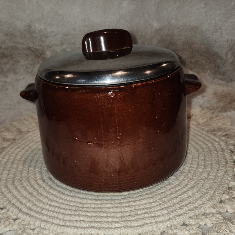 Antique West Bend Crock with Silver Lid and Integrated Handles
